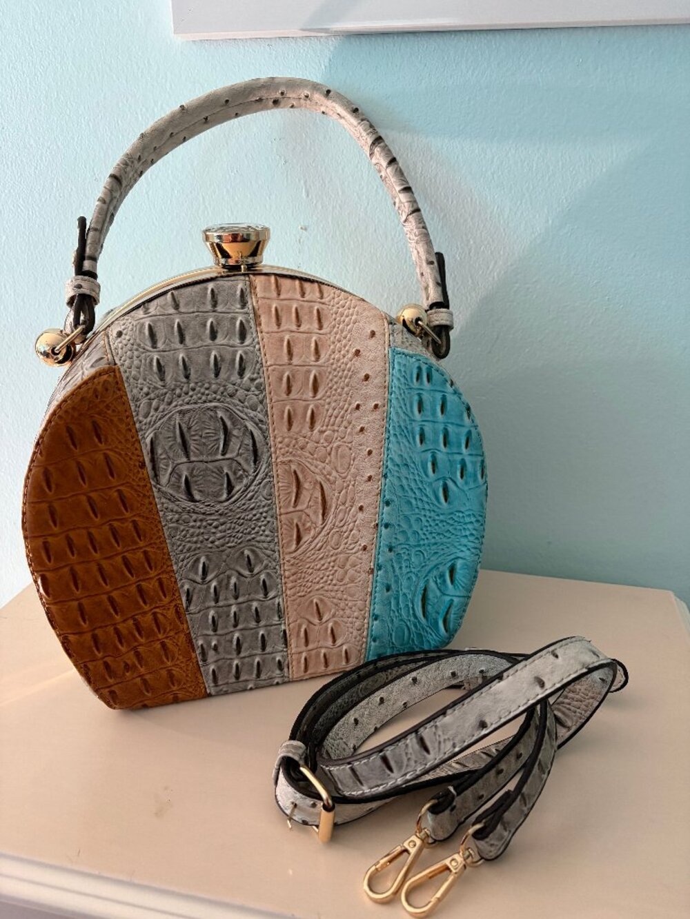 Multicolor Faux Ostrich Croc Patchwork Round Satchel Crossbody Crystal Clasp